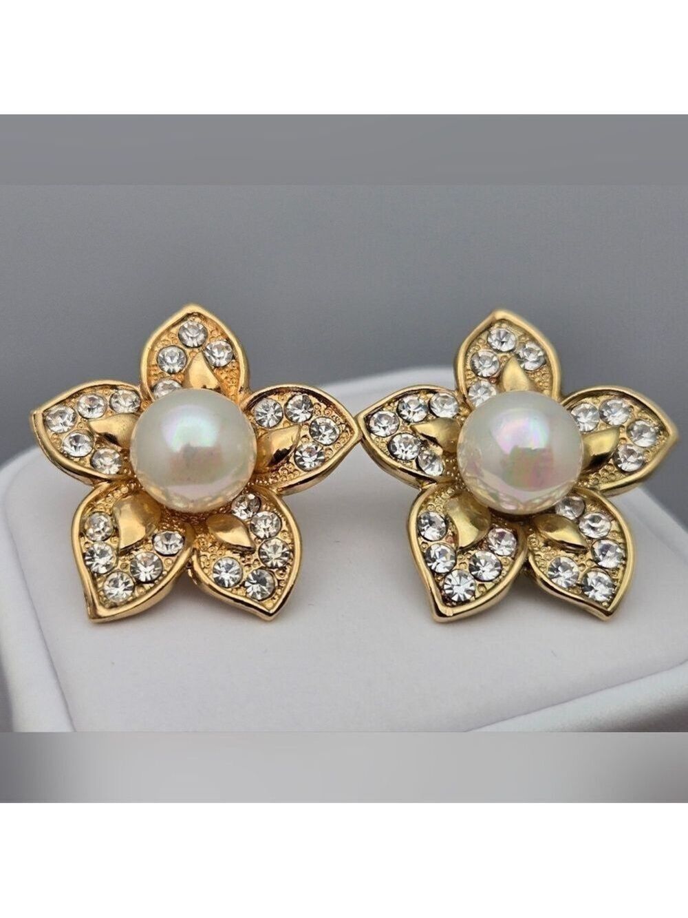 Gold Faux Pearl Diamond Flower Earrings Vintage Park Lane